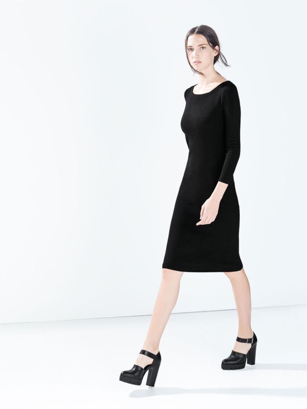 ZARA Knit Minimalist Bodycon Stretchable Black 3/4 Midi Sweater Dress, SZ M